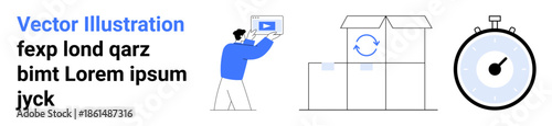 Person holding screen with video, stacked boxes featuring circular arrow, and stopwatch for time tracking. Ideal for delivery, logistics, e-commerce, tutorials, packaging, efficiency simple landing