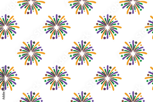 Mardi Gras. Endless background with vibrant tricolor firework explosions and sparkles. Bright holiday texture perfect for carnival night party themes festive posters and dynamic digital decor.