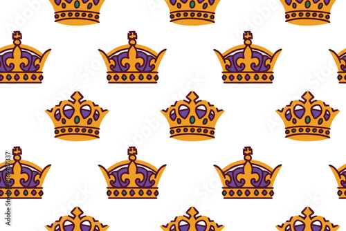 Mardi Gras. Continuous holiday texture with intricately decorated royal crowns. Elegant headwear design for carnival king or queen celebrations masquerade events and festive gift wrap.