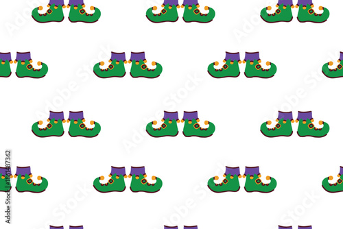 Mardi Gras. Continuous whimsical background featuring traditional jester shoes in carnival colors. Perfect for Fat Tuesday costume design themes and playful holiday textile prints