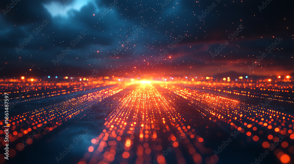 Obraz premium A vibrant and dynamic visualization of glowing data streams converging towards a bright horizon, representing digital connectivity.