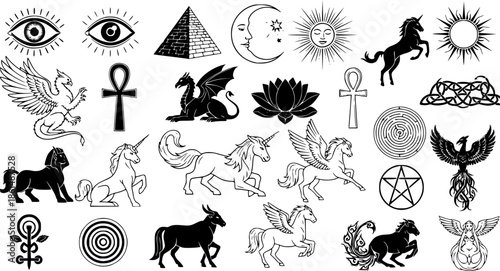 Set of ancient symbols and mythological creatures
