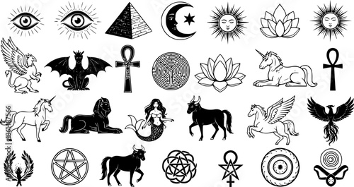 Set of ancient symbols and mythological creatures
