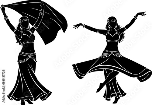 Black belly dancer silhouettes in various poses white background
