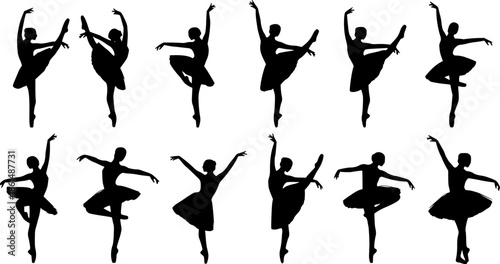 Black ballet dancer silhouettes in various poses white background
