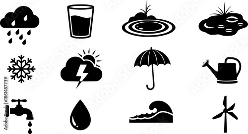 Black icons of rain weather and water related objects
