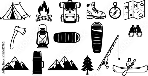 Camping and outdoor activity icons set collection
