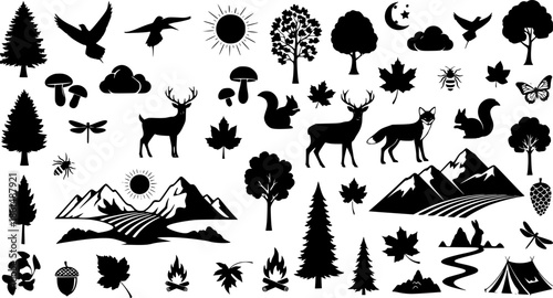Black animal and nature icons on white

