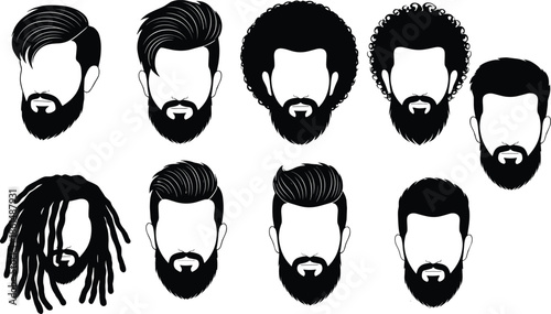 Black and white of eight men with different hairstyles and beards facial hair
