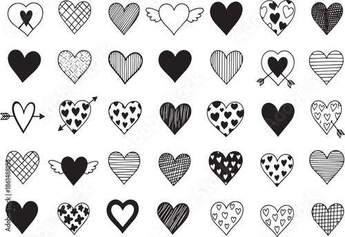 Collection of black and white heart icons and symbols.