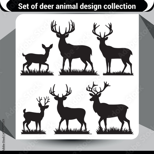 Elegant silhouettes of deer and fawns standing in natural grass habitat design