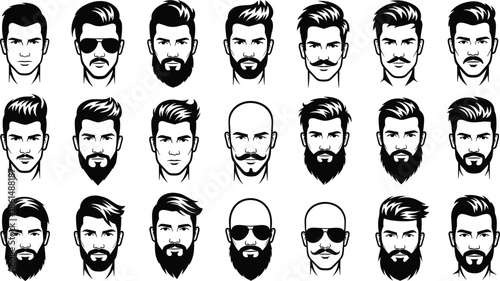 Black and white of men's faces with various hairstyles and facial hair beards mustaches 1