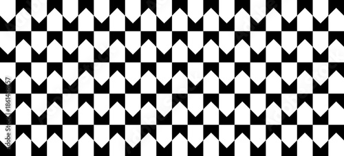 Seamless geometric geometric pattern with bold black and white repeating shapes, creating abstract modern background for surface design, wallpaper, textile, packaging and contemporary graphic use