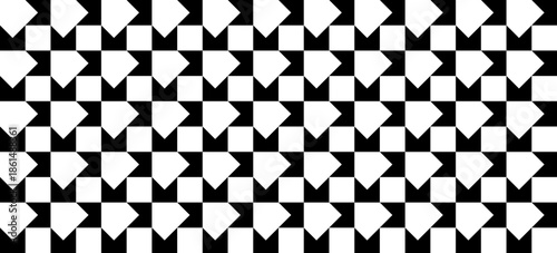 Seamless geometric geometric pattern with bold black and white repeating shapes, creating abstract modern background for surface design, wallpaper, textile, packaging and contemporary graphic use