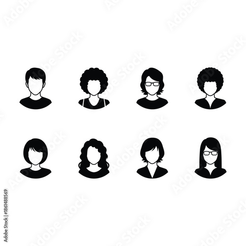 A collection of simple black silhouette icons representing diverse people s hairstyles