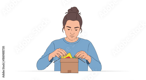 Minimalistic illustration of an individual carefully arranging contents within a small brown package container