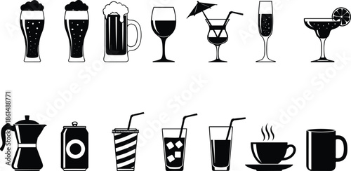 Black and white of various drinks beverage glass beer wine