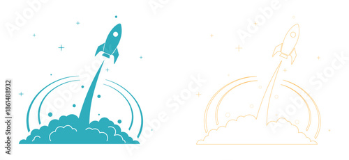 Rocket Launch Vector Illustration – Startup Growth, Space Exploration, Minimal Outline and Solid Style