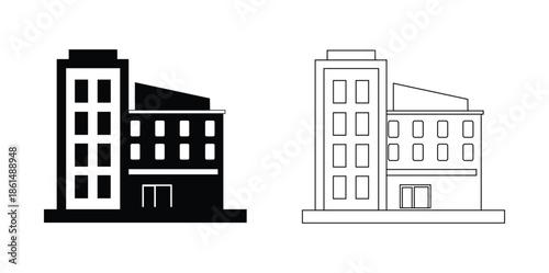 Modern Building Vector Illustration – Office Tower and Commercial Structure in Solid and Outline Style