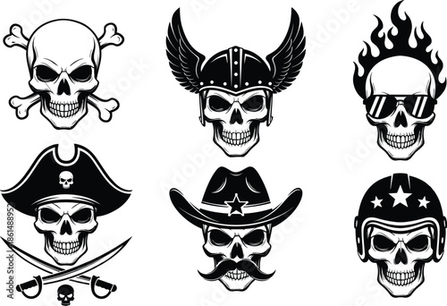 Black and white skulls with various hats and accessories pirate
