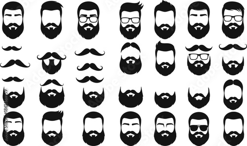 Black and white silhouettes of men's facial hair styles and beards mustaches men's grooming