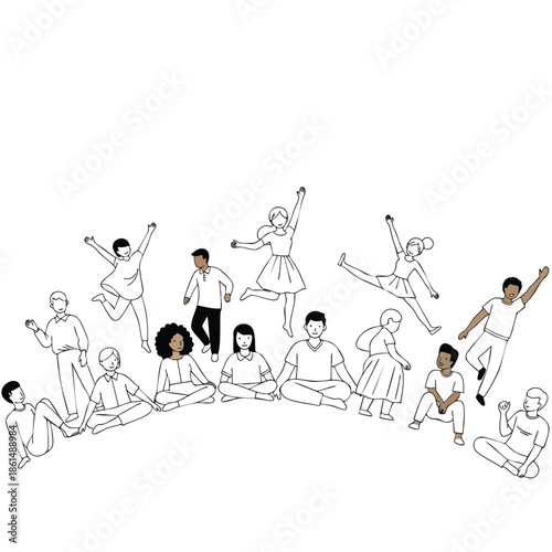 Diverse Group of People in Dynamic Jumping and Meditative Sitting Poses.
