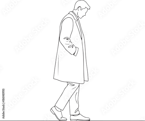 Bold line drawing of lonely walking man minimal character illustration on white background