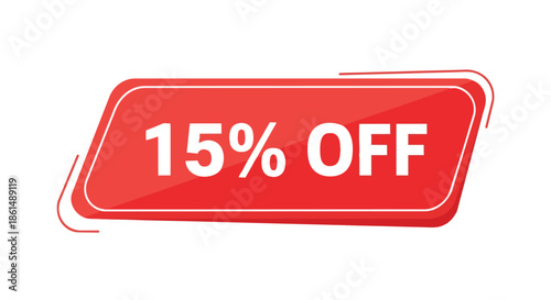 A vibrant red promotional graphic element boldly announcing a fifteen percent discount offer, ideal for various marketing initiatives enhancing
