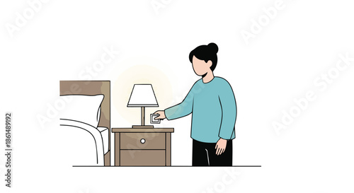 Woman adjusting bedside lamp in a modern minimalist bedroom setting, promoting energy efficiency