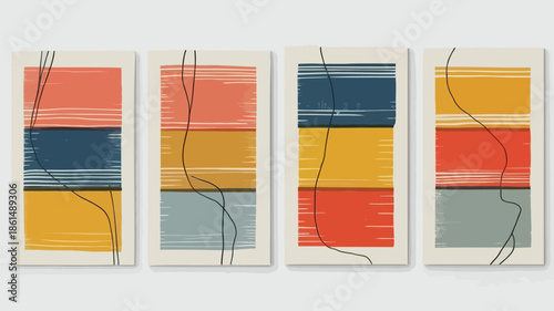 Vibrant abstract art with colorful geometric shapes and black lines on canvas