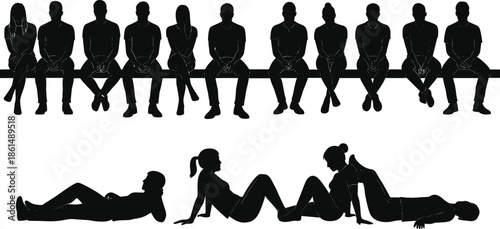 Black silhouettes of people sitting and lying down