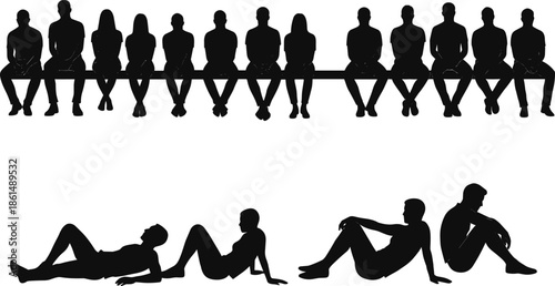 Black silhouettes of people sitting and lying down on white background