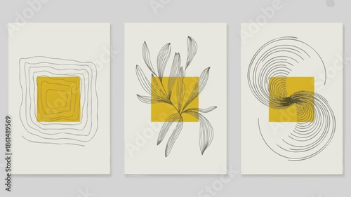 Modern art prints with yellow and black line designs on white background