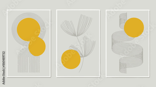 Modern minimalist art prints with yellow and gray geometric shapes