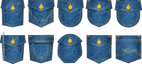 Blue denim jeans pockets with yellow stitching and buttons