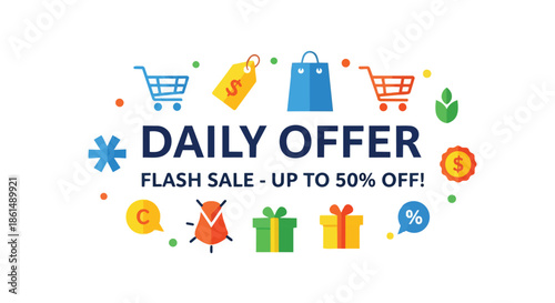 Vibrant digital banner promoting 'Daily Offer Flash Sale' up to 50% off, surrounded by diverse shopping and e-commerce icons for effective marketing