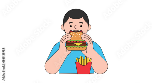 A cheerful illustration vividly depicting a person deeply enjoying a satisfying, freshly prepared hamburger and a portion of golden, crispy french