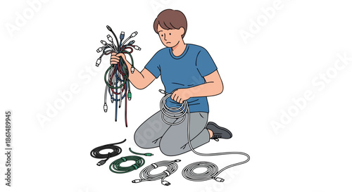 Dedicated individual managing an array of tangled audio-visual and data cables
