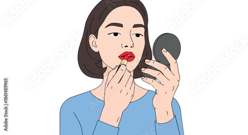 A stylish young woman meticulously applies vibrant red lipstick while gazing intently into a compact mirror, perfecting her radiant beauty routine