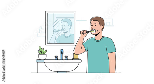 A refreshing morning routine begins with diligent oral hygiene a young man meticulously brushes his teeth fostering daily wellness habits and a