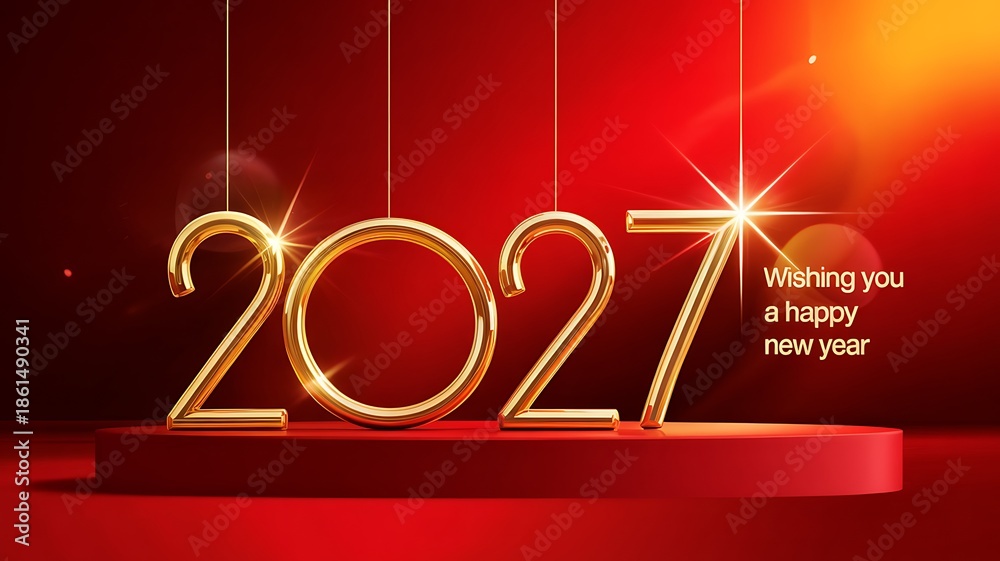 Obraz premium A vibrant and celebratory depiction of the year 2027 in shimmering gold lettering set against a rich red background signaling new beginnings