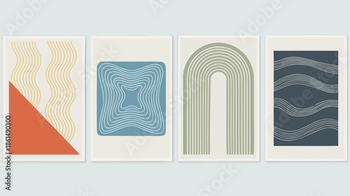 Vibrant modern art prints with geometric shapes and wavy lines on white background