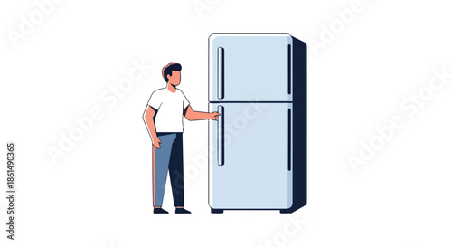 Contemporary illustration of a person interacting with a home refrigerator appliance