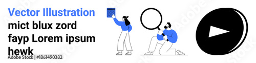 Education, exploration, media streaming, research, analysis, learning. Two people holding a book and magnifying glass, black play button icon on right. Education and exploration concept