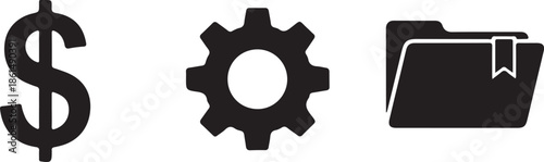 Silhouette business icons dollar sign settings document folder bookmark concept