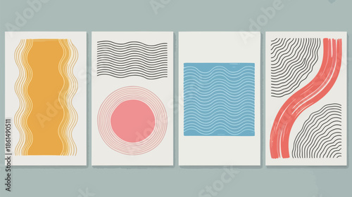 Vibrant abstract art with wavy lines and geometric shapes on white