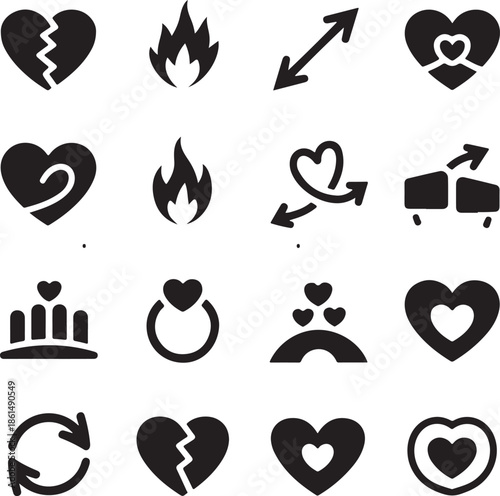 Black and White Valentine Icon Pack of Rekindled Love, Second Chance and Renewed Romance