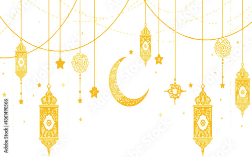 Golden Lanterns of Celebration: Artistic illustration featuring intricately designed golden lanterns, suspended amongst delicate stars and a crescent moon. Embodying cultural richness, tranquility
