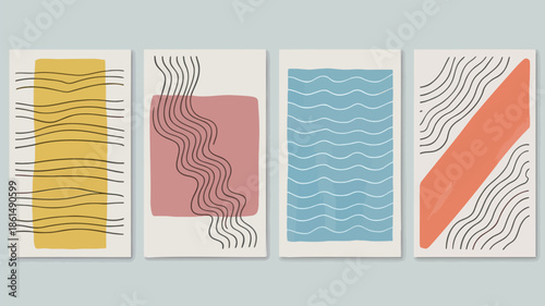 Vibrant abstract art prints with wavy lines and geometric shapes