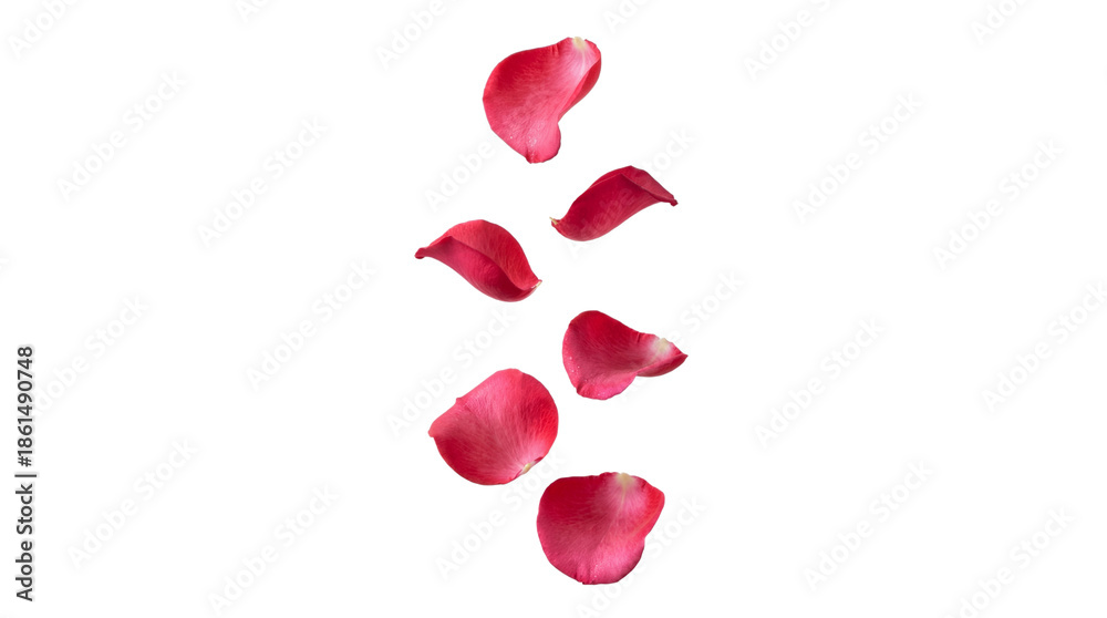 Fototapeta premium Several deep pink rose petals elegantly floating downwards on transparent background